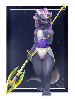 2_horns 3_toes 4_fingers anthro bangle biped bottomwear claws clitoris clothed clothing cosmic_background countershade_feet countershade_hands countershade_scales countershade_tail countershade_torso countershading cute_fangs digitigrade eyelashes fangs feather_hair feathers featureless_chest feet female finger_claws fingers flat_chested front_view genitals gold_(metal) gold_jewelry holding_melee_weapon holding_object holding_polearm holding_spear holding_weapon horn jewelry melee_weapon partially_clothed pattern_clothing pattern_topwear pink_body pink_feathers pink_pseudo_hair polearm pseudo_hair purple_body purple_clothing purple_eyes purple_scales purple_topwear scales skirt smile snout solo spear standing star tail tail_under_skirt teeth thick_tail thick_thighs toe_claws toes topwear translucent translucent_bottomwear translucent_clothing translucent_skirt vulva weapon white_body white_bottomwear white_clothing white_countershading white_skirt wide_hips foxixus european_mythology mythology dragon mythological_creature mythological_scalie scalie western_dragon wingless_dragon 2021 digital_media_(artwork) digital_painting_(artwork) hi_res painting_(artwork) signature