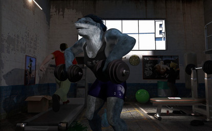 anthro bodily_fluids bottomwear clothing dumbbell exercise group gym lifting male shirt shorts solo_focus sweat tank_top topwear weights window working workout perturbedmania murky_depths animal_humanoid aquatic aquatic_humanoid fish fish_humanoid humanoid shark shark_humanoid 3d_(artwork) daz_studio_(artwork) digital_media_(artwork) hi_res