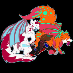 ambiguous_gender ambiguous_penetration anthro balls fellatio feral genitals group group_sex machine male male/male oral penetration penile sex spitroast threesome theoxym mythology cali_the_fox spark_the_protogen dragon mythological_creature mythological_scalie protogen scalie 1:1 absurd_res hi_res