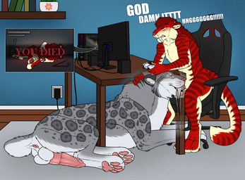 animal_genitalia animal_penis anthro anthro_on_feral anthro_penetrating anthro_penetrating_feral balls bestiality big_fangs bodily_fluids clenched_teeth cum cum_in_mouth cum_inside cum_on_chin cum_string duo erection eyes_closed fangs feline_genitalia feline_penis fellatio_from_feral feral feral_penetrated fur gaming genital_fluids genitals grey_body grey_fur hair inside larger_feral larger_male larger_penetrated looking_pleasured male male/male male_anthro male_feral male_on_feral male_penetrated male_penetrating male_penetrating_male markings nude oral oral_penetration orgasm_face oversized_fellatio oversized_oral pawpads penetration penis penis_in_mouth pink_pawpads playing_video_game quadruped red_body red_fur red_hair sex short_hair sitting size_difference smaller_anthro smaller_male spotted_back striped_arms striped_legs striped_markings striped_tail stripes tail tail_markings teeth under_table under_table_oral white_balls white_body white_fur yellow_balls yellow_body yellow_fur killthe_demon family_guy_death_pose angel_(velvetvlade) kreb felid mammal hi_res meme