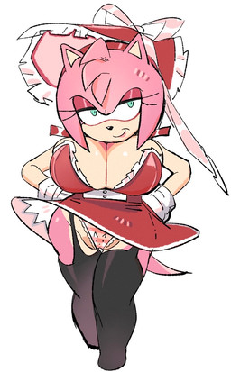 accessory anthro bedroom_eyes big_breasts breasts cleavage clothed clothing dress eyeshadow female garter_straps gloves grin hair_accessory hair_ribbon hairband hands_on_hips handwear legwear lipstick makeup narrowed_eyes panties ribbons seductive smile solo thigh_highs underwear cnggu13 sega sonic_the_hedgehog_(series) amy_rose eulipotyphlan hedgehog mammal hi_res