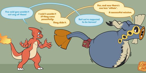 abdominal_bulge after_vore ambiguous_gender anthro armband badge dialogue distressed duo fire flaming_tail oral_vore plushie pouch_(clothing) soft_vore speech_bubble stiching sweat_emanata tail text vore eclairscollection nintendo pokemon pokemon_mystery_dungeon spike_chunsoft animate_inanimate charmeleon eelektrik generation_1_pokemon generation_5_pokemon generation_7_pokemon hybrid hybrid_pokemon living_plushie lizard mimikyu pokemon_(species) reptile scalie english_text hi_res