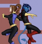 2_toes 3_fingers back_to_back black_clothing butt clothed clothing costume duo feet female fingers flying fully_clothed hair happy human humanoid jumping male mammal marvel muscular nightcrawler not_furry purple_hair shadowcat suit suits tail toes x-men yellow_eyes young