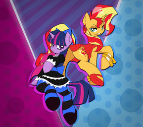 abstract_background alternative_fashion black_clothing black_dress blonde_mane blue_mane blue_tail bracelet clothing cosplay crossover_cosplay cutie_mark dress duo ear_piercing ear_ring eyelashes female feral fur gold_(metal) gold_bracelet gold_jewelry goth gothic_lolita hoop_ear_ring hooves horn j-fashion jewelry legwear lolita_(fashion) long_mane long_tail looking_at_viewer looking_back looking_back_at_viewer mane multicolored_mane multicolored_tail pattern_clothing pattern_legwear pattern_stockings piercing pink_mane pink_tail purple_body purple_eyes purple_fur purple_mane purple_tail red_clothing red_dress red_mane red_tail ring_piercing stockings striped_clothing striped_legwear striped_stockings stripes tail teal_eyes two_tone_mane two_tone_tail unicorn_horn yellow_body yellow_fur yellow_tail ather_os equestria_girls friendship_is_magic hasbro my_little_pony mythology panty_and_stocking_with_garterbelt panty_anarchy stocking_anarchy sunset_shimmer_(eg) twilight_sparkle_(mlp) equid equine mammal mythological_creature mythological_equine unicorn 2025 absurd_res crossover digital_drawing_(artwork) digital_media_(artwork) hi_res