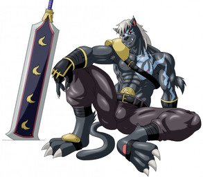 abs anthro black_body black_fur bottomwear bulge claws clothing fur greatsword hair male melee_weapon muscular muscular_anthro muscular_male nipples pants pawpads pecs sitting solo sword toe_claws weapon white_hair 09tuf bandai_namco digimon digimon_beatbreak digimon_(species) felid feline mammal murasamemon hi_res