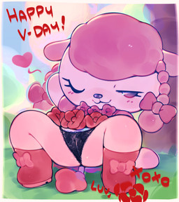 :3 anthro arm_support bedroom_eyes black_clothing black_panties black_underwear boots chibi closed_smile clothed clothed_anthro clothed_female clothing exclamation_point eyelashes female female_anthro footwear genitals hair hand_behind_head heart_symbol holidays lace lace_panties looking_at_viewer mouth_closed narrowed_eyes one_eye_closed panties pink_body pink_boots pink_clothing pink_ears pink_footwear pink_hair pink_nose pink_tail plump_labia pose postcard presenting presenting_camel_toe presenting_crotch seductive shoes smile solo spread_legs spreading tail text translucent translucent_clothing translucent_panties translucent_underwear underwear vulva wink winking_at_viewer young young_anthro young_female ligma_(artist) hello_kitty_(series) hello_kitty_super_style! sanrio valentine's_day pinkylilrose canid canine canis domestic_dog mammal 2026 digital_media_(artwork) english_text full-length_portrait handwritten_text hi_res portrait
