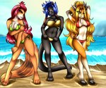 6:5 antelope anthro beach bikini black_body black_nose blonde_hair blue_hair bovid breasts chandra_(abluedeer) clothed clothing felid female group hair herpestid hi_res long_hair looking_at_viewer mammal midriff moira_(abluedeer) mongoose moon_lace multicolored_body navel off_shoulder one_eye_closed outside pantherine red_hair schylla_(abluedeer) scut_tail seaside seductive shana short_tail standing swimwear tail trio two_tone_body unguligrade_anthro