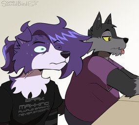 anthro black_clothing black_nose black_shirt black_t-shirt black_topwear blep bodily_fluids brown_eyes chest_tuft clothing duo eye_through_hair floppy_ears fur gloves_(marking) green_eyes grey_body grey_fur hair hair_over_eye male markings pattern_clothing pattern_shirt pattern_t-shirt pattern_topwear pink_tongue purple_body purple_clothing purple_fur purple_hair purple_shirt purple_t-shirt purple_topwear shirt sitting striped_clothing striped_shirt striped_t-shirt striped_topwear stripes sweat sweaty_face t-shirt tail tear_trough text text_on_clothing text_on_shirt text_on_t-shirt text_on_topwear tongue tongue_out topwear translucent translucent_hair tuft vein veiny_neck white_body white_fur yellow_sclera somesacredbird dog_(somesacredbird) border_collie canid canine canis collie domestic_dog herding_dog mammal pastoral_dog sheepdog 2024 absurd_res digital_drawing_(artwork) digital_media_(artwork) english_description english_text hi_res