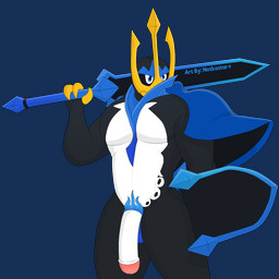 accessory anthro blue_eyes cloak clothing cock_ring genitals jewelry male melee_weapon muscular muscular_anthro muscular_male nude penis penis_accessory penis_jewelry shield solo sword weapon conditional_dnp notkastar nintendo pokemon avian bird empoleon generation_4_pokemon penguin pokemon_(species) 1:1 alpha_channel hi_res
