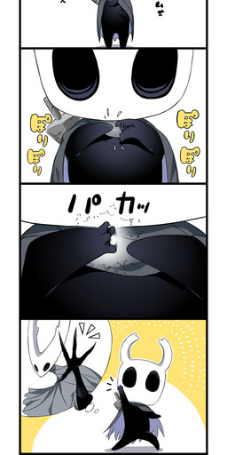4_fingers 4_panel_comic ambiguous_gender biped black_body black_eyes black_text border cloak clothing fingers hollow_eyes melee_weapon nail_(weapon) pose raised_arm solo standing text weapon weapon_on_back white_border yellow_text arizuka00 hollow_knight_(franchise) team_cherry hollow_knight_(character) the_knight_(hollow_knight) arthropod vessel_(species) 2019 comic hi_res japanese_text