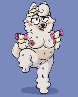 anthro areola big_breasts blush bodily_fluids breasts brown_nose dumbbell exercise female fur genitals looking_at_viewer mostly_nude navel nipples raised_leg simple_background smile smiling_at_viewer solo sweat sweatband teeth vulva weights white_body white_fur sexylinguini bluey_(series) wendy_(bluey) canid canine canis chow_chow domestic_dog mammal spitz 4:5 hi_res