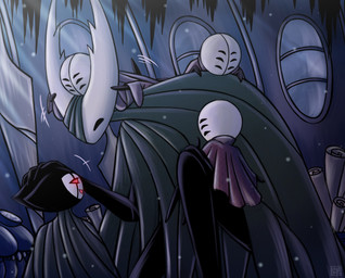 6_eyes ambiguous_gender biped black_eyes clothed clothing fingers group headpat inside logo looking_at_another melee_weapon motion_lines multi_eye one_eye_obstructed open_mouth open_smile red_eyes scroll sitting smile weapon window netmors hollow_knight_(franchise) team_cherry grimmchild_(hollow_knight) hollow_knight_(character) arachnid arthropod vessel_(species) weaver_(hollow_knight) 2020 artist_logo hi_res