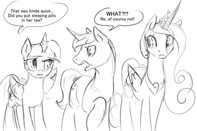 dialogue feathered_wings feathers female feral group horn male text wings silfoe friendship_is_magic hasbro my_little_pony mythology night_light_(mlp) princess_cadance_(mlp) twilight_sparkle_(mlp) equid equine mammal mythological_creature mythological_equine unicorn winged_unicorn 2015 3:2 english_text monochrome
