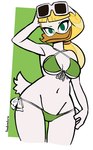 anthro beak bikini blonde_hair breasts clothed clothing eyewear eyewear_on_head feathers female green_eyes hair mature_female midriff navel non-mammal_breasts partially_clothed solo sunglasses sunglasses_on_head swimwear two-piece_swimsuit white_body white_feathers dubindore disney ducktales ducktales_(2017) goldie_o'gilt anatid anseriform avian bird duck hi_res