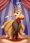 2018 absurd_res anthro big_breasts biped bow_(feature) bow_tie breasts clothed clothing curvy_figure eevee eyewear female footwear generation_1_pokemon glasses hi_res high_heels huge_breasts hybrid magician makeup mammal multi_tail ninetales nintendo plankboy pokemon pokemon_(species) shoes smile solo stage standing tail thick_thighs voluptuous wand