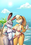 anthro beach big_breasts black_body black_fur blonde_hair blue_clothing blue_eyes blue_swimwear breasts buckteeth clothing cloud cotton_tail dipstick_ears duo ear_markings eyelashes eyewear female floppy_ears front_view fur gesture glasses gloves grey_body grey_fur hair hand_gesture hand_on_hip handwear head_tuft looking_at_viewer lop_ears multicolored_ears navel nipple_outline nipple_piercing nipples orange_body orange_fur palm_tree piercing pink_nose plant purple_eyes red_clothing red_swimwear round_glasses sea sky small_breasts smile swimwear tan_body tan_fur teeth thick_thighs tree tuft under_boob v_sign water white_body white_clothing white_gloves white_handwear wide_hips notilustregui disney looney_tunes warner_brothers zootopia judy_hopps lola_bunny lagomorph leporid mammal rabbit absurd_res hi_res