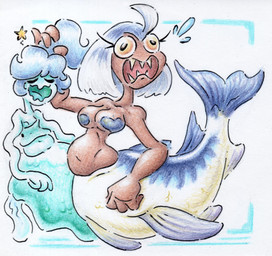 blue_body blue_hair breasts duo female hair sharp_teeth simple_background split_form teeth yellow_sclera shar0makai aquatic merfolk 2025 absurd_res hi_res traditional_media_(artwork)