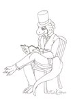 anthro bottomwear bow_tie chair claws clothed clothing eyewear fully_clothed furniture happy hat headgear headwear male monocle narrowed_eyes pants shirt simple_background sitting smile solo top_hat topwear vest white_background epicwang furx_(character) lizard reptile scalie 2012 line_art signature