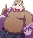 anthro belly blush bodily_fluids bottomwear brown_body brown_fur clothing eyes_closed eyewear fur glasses kemono male moobs nipples overweight overweight_anthro overweight_male pants simple_background solo sweat undressing white_background emufu bear mammal 2017 hi_res