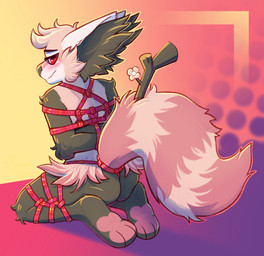 alternate_color arms_tied bdsm bondage bound legs_tied looking_back markings restraints rope rope_bondage rope_harness sitting sitting_on_ground striped_markings striped_tail stripes tail tail_markings crownedvictory nintendo pokemon braixen generation_6_pokemon pokemon_(species) 2026 absurd_res hi_res tagme