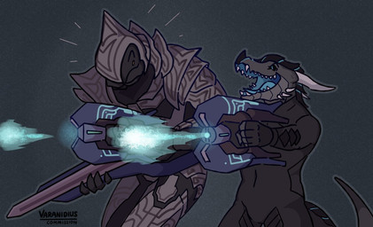 ambiguous_gender anthro armor carbine dual_wielding duo emanata firing_weapon gun holding_gun holding_object holding_ranged_weapon holding_weapon looking_forward male open_mouth plasma_rifle ranged_weapon simple_background standing tail teeth text weapon varanidius halo_(series) microsoft mythology xbox_game_studios xero_(captainscales) alien dragon mythological_creature mythological_scalie sangheili scalie 2022 artist_name