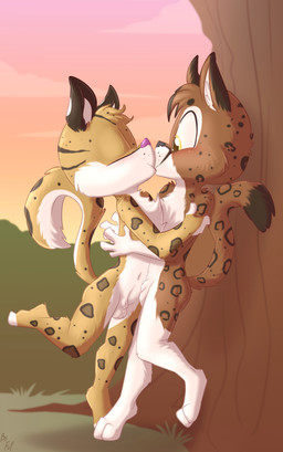 against_natural_surface against_surface against_tree animal_genitalia anthro balls biped black_nose brown_body brown_fur chest_tuft countershade_face countershade_fur countershade_tail countershade_torso countershading day digitigrade dipstick_tail duo feet fingerless_(marking) fur genitals head_tuft kissing leopard_spots looking_at_another looking_at_partner male male/male markings multicolored_body navel nude outside pink_nose plant sheath side_view spots spotted_body tail tail_markings tan_body tan_fur toeless_(marking) tree tuft two_tone_body white_body white_countershading white_fur white_markings yellow_eyes young young_anthro young_male young_on_young fuf ironmania orionthecougar cougar felid feline leopardus mammal ocelot 2019 hi_res