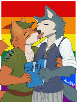 anthro bodily_fluids book clothed clothing drooling duo french_kissing fur grey_body grey_fur hat headgear headwear kissing lgbt_pride male male/male pride_color_background pride_colors rainbow_pride_colors saliva simple_background six-stripe_rainbow_pride_colors tongue miramore beastars diagnostic_and_statistical_manual_of_mental_disorders disney lgbt_pride_month robin_hood_(disney) legoshi_(beastars) robin_hood canid canine canis fox mammal red_fox true_fox wolf 2023 3:4 absurd_res dated digital_media_(artwork) hi_res meme signature