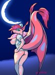 anthro big_breasts breasts butt clothing female green_eyes hair moon nipples nurse_clothing nurse_uniform pink_body pink_hair smile solo tail thick_thighs uniform wings jennkor mythology dragon mythological_creature mythological_scalie scalie hi_res