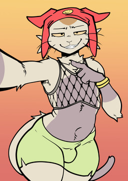 anthro arched_back bottomwear bracelet bulge clothing fangs femboy fishnet_clothing fishnet_topwear front_view fur gloves_(marking) gold_(metal) gold_bracelet gold_jewelry green_bottomwear green_clothing green_shorts half-closed_eyes headgear headwear jewelry male markings narrowed_eyes navel red_clothing red_headwear selfie shorts smile solo tail tan_body tan_fur teeth thick_thighs topwear whiskers wide_hips apsel_bluestar space_dandy meow_(space_dandy) betelgeusian felid feline mammal 2025 absurd_res english_description hi_res