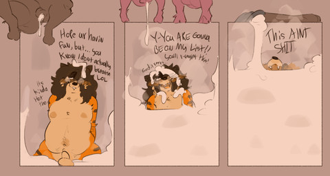 3_panel_comic ambiguous_gender animal_genitalia animal_penis anthro asphyxiation big_penis blush bodily_fluids comic_panel cum cum_drip cum_dumpster cum_flooding cum_pit dialogue dripping drowning_in_cum equine_genitalia equine_penis erection excessive_cum excessive_genital_fluids genital_fluids genitals group humanoid_genitalia humanoid_penis hyper hyper_cum imminent_asphyxiation male musk nervous penis pit pump questionable_consent small_penis stuttering sweat sweatdrop text yelling orangecoff33 african_civet ambiguous_species civet equid equine horse mammal viverrid absurd_res comic english_text hi_res