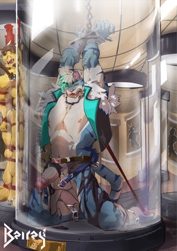 angry annoyed anthro balls bdsm blue_body bodily_fluids bottomwear clothed clothing foreskin genital_piercing genitals green_eyes hair half-erect hands_above_head jacket kneeling male muscular open_clothing open_jacket open_mouth open_topwear pants penis penis_piercing piercing prince_albert_piercing retracted_foreskin solo stasis_chamber sweat test_chamber three-quarter_view topwear torn_bottomwear torn_clothing torn_pants white_hair yellow_body beirey felid mammal pantherine tiger hi_res