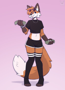 4_fingers anthro black_bottomwear black_clothing black_eyebrows black_legwear black_nose black_shirt black_shorts black_stockings black_topwear blep bottomwear brown_eyes cheek_tuft clothing dipstick_tail eyebrows eyewear eyewear_on_head facial_tuft fingers fur hair holding_money holding_object inner_ear_fluff jewelry legwear looking_away male markings money navel necklace orange_body orange_fur orange_hair pink_tongue shirt short_hair shorts simple_background snout solo stockings sunglasses sunglasses_on_head tail tail_markings tongue tongue_out topwear tuft wearing_sunglasses fleurfurr canid canine fox mammal red_fox true_fox cel_shading colored digital_drawing_(artwork) digital_media_(artwork) hi_res shaded