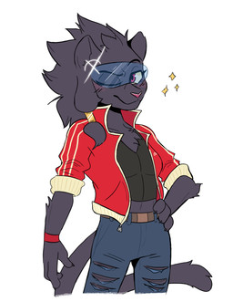 anthro black_body black_fur claws clothed clothing female fully_clothed fur hair looking_at_viewer melanistic one_eye_closed protective_eyewear red_eyes simple_background solo tail white_background wink beezii rivals_of_aether clairen_(rivals_of_aether) felid mammal pantherine 2018 hi_res