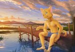 anthro blue_eyes cloud fur male orange_body orange_fur river solo sunset trunk twilight stampmats takathekitty domestic_cat felid feline felis mammal absurd_res hi_res