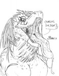 anthro bodily_fluids breasts cleavage clothed clothing dialogue drooling fangs female half-closed_eyes looking_at_viewer narrowed_eyes open_mouth saliva saliva_on_tongue saliva_string scales solo talking_to_viewer teeth text tongue tongue_out marcushunter capcom monster_hunter fan_character fanged_wyvern great_jagras monster scalie 2018 english_text hi_res signature