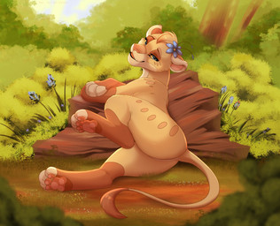 4_toes accessory bangs bedroom_eyes black_lips blue_eyes butt cloud detailed_background digitigrade feet female feral flower flower_in_hair grass hair hair_accessory half-closed_eyes hindpaw leg_markings lips log markings moss narrowed_eyes open_mouth pawpads paws pink_paws plant presenting presenting_hindquarters raised_leg raised_tail rock seductive shrub sky socks_(marking) solo spread_legs spreading tail tail_tuft toeless_(marking) toes tree tree_trunk tuft wood yellow_sclera kitchiki bahati_whiteclaw felid lion mammal pantherine