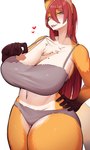 2024 absurd_res anthro big_breasts bottomwear bra breasts brown_hair canid canine clothed clothing denyfake female fluffy fluffy_tail fur gloves_(marking) green_eyes hair heart_symbol hi_res himesawa_ako_(denyfake) looking_at_viewer mammal markings orange_body simple_background snout tail thick_thighs underwear white_body white_fur wide_hips