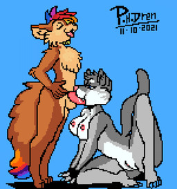 3_toes 5_fingers 5_toes anthro anthro_on_anthro anthro_penetrated anthro_penetrating anthro_penetrating_anthro areola arm_tuft athletic athletic_female balls barefoot bedroom_eyes big_breasts biped black_nose black_outline blonde_hair blue_background blue_body blue_eyes blue_fur blue_hair bodily_fluids bouncing_breasts breasts brown_body brown_fur butt cheek_tuft chest_tuft claws cum cum_in_mouth cum_inside digitigrade dipstick_tail dripping duo ejaculation elbow_tuft erection eyebrows eyes_closed facial_tuft fangs feet fellatio female female_penetrated femboy fingers fluffy fluffy_tail fur genital_fluids genitals grey_body grey_fur grey_hair hair half-closed_eyes huge_breasts humanoid_genitalia humanoid_penis humanoid_vulva long_hair looking_pleasured male male/female male_penetrating male_penetrating_female markings monotone_background multicolored_body multicolored_fur multicolored_hair narrowed_eyes nipples nude open_mouth oral oral_penetration orange_body orange_fur orange_hair outline penetration penile penile_penetration penis pink_nose plantigrade plump_labia purple_body purple_fur purple_hair raised_tail red_body red_fur red_hair red_penis saliva saliva_drip seductive sex shadow short_hair simple_background smile standing tail tail_markings tail_motion tan_body tan_fur teeth text thick_thighs toe_claws toes tongue triangular_ears tuft two_tone_body two_tone_fur vulva white_body white_fur white_vulva wiggle yellow_body yellow_fur phdren bente_asnes_odebakk melody_(king_pangolin) canid canine canis cougar felid feline felis fox mammal pantherine 2021 2d_animation animated dated digital_media_(artwork) frame_by_frame full-length_portrait loop pixel_(artwork) pixel_animation portrait shaded signature