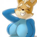1:1 anthro big_breasts black_nose breasts brown_body brown_fur canid canine clothed clothing cosplay crossgender crossover crossover_cosplay digital_media_(artwork) eyebrows eyelashes eyes_closed female fox fox_mccloud fur hair half-length_portrait hand_behind_head hi_res huge_breasts looking_back mammal marblesoda metroid mohawk mtf_crossgender multicolored_body multicolored_fur nintendo nipple_outline portrait short_hair signature simple_background smile solo star_fox tan_body tan_fur tan_hair teeth tight_clothing white_background zero_suit zerosuit_fox