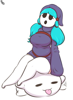 ambiguous_gender big_breasts blue_hair breasts clothed clothed_female clothing duo eyes_closed female hair legwear mask not_furry simple_background sitting thigh_highs tongue tongue_out wearing_mask white_background immortalstar mario_bros nintendo chaoz_(chaozdesignz) emi_(chaozdesignz) ghost humanoid shyguy spirit hi_res
