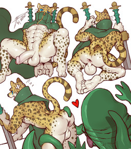 abs anthro anus athletic athletic_anthro athletic_male backsack balls band-aid bandage blue_eyes bodily_fluids butt cape clothing dual_wielding duo feet foreskin fur genitals heart_symbol holding_object holding_weapon humanoid_genitalia humanoid_penis male male/male markings melee_weapon mostly_nude penis shocked spots spotted_body spotted_fur sweat sweatdrop sword tail tentacles weapon ziran atlus megami_tensei sega mara_(megami_tensei) ose_(megami_tensei) demon felid leopard mammal pantherine penis_creature hi_res
