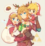 bag blonde_hair blue_eyes carrot carrying_another christmas clothing costume elf fairy food gift_box group hair holidays humanoid humanoid_pointy_ears hylian light_body light_skin link male meat navi nintendo not_furry ocarina_of_time open_mouth open_smile plant santa_costume signature simple_background smile square_crossover super_smash_bros. the_legend_of_zelda thought_bubble toon_link triforce vegetable wind_waker wusagi2 young_link