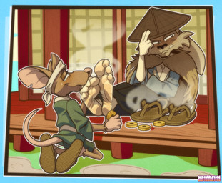 accessory anthro asian_clothing asian_conical_hat black_eyes bodily_fluids brown_body brown_hair clothed clothing duo east_asian_clothing embarrassed feet foot_fetish foot_sniffing frown fully_clothed fur_cloak hair hat headband headgear headwear japanese_clothing kerchief kneeling looking_at_another male male/male money scowl sitting smelly smelly_feet smile sniffing sweat white_body 3rdharleyjoe usagi_yojimbo mammal murid murine rat rodent 2025 hi_res