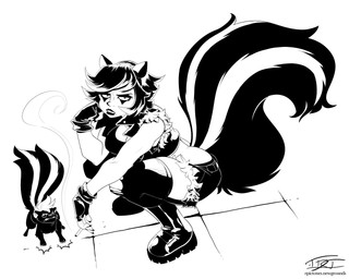 all_fours alternate_species alternative_fashion angry arm_support bare_shoulders bottomwear breasts buckteeth cigarette cleavage clothed clothing crop_top crouching duo eyeshadow female feral fingerless_gloves gloves goth grimace hair handwear holding_cigarette holding_object leaning_on_elbow looking_at_viewer makeup mascara shirt short_hair shorts skunk_tail smoking teeth topwear vest hardtones marvel squirrel_girl_(marvel) tippy-toe animal_humanoid humanoid mammal mammal_humanoid mephitid mephitid_humanoid skunk skunk_humanoid 2026 5:4 black_and_white monochrome