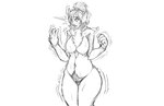 2018 absurd_res anthro big_breasts blush bodily_fluids breasts canid canine canis digital_drawing_(artwork) digital_media_(artwork) domestic_dog female genitals hair hi_res mammal monochrome navel nipples nude open_mouth pussy simple_background solo standing surprise sweat transformation watsup white_background wide_hips