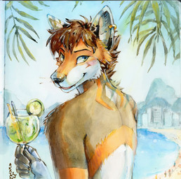 alcohol anthro beverage blush brown_body brown_fur brown_hair cheek_tuft cocktail ear_piercing ear_ring facial_tuft fangs fur green_eyes hair holding_glass holding_object male markings orange_markings outside piercing ring_piercing short_hair sky solo teeth tuft white_body white_fur akatan_art canid mammal 2022 dated hi_res signature traditional_media_(artwork)