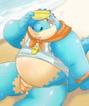 barely_visible_genitalia barely_visible_penis beach belly big_belly blue_body blush clothing fupa genitals male obese obese_male overweight overweight_male penis seaside shy sitting solo speedo swimwear bake_gosut lifewonders tokyo_afterschool_summoners makara_(tas) crocodile crocodilian reptile scalie 2017