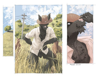 animal_genitalia anthro balls black_body black_fur bodily_fluids bottomless brown_clothing brown_hat brown_headwear chest_tuft clothed clothing cloud facial_piercing field fully_sheathed fur furgonomic_headwear furgonomics genital_fluids genitals grass hand_behind_back hat headgear headwear male nose_piercing nose_ring open_clothing open_shirt open_topwear outside peeing penis penis_tip piercing plant ring_piercing sheath shirt solo sweat sweatdrop tall_grass topwear tree tuft unbuttoned_shirt urine urine_stream utility_pole white_clothing white_shirt white_topwear tuskito soma_(unebetesauvage) canid canine canis mammal wolf