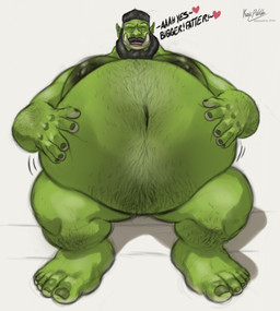 arm_hair beard belly belly_hair big_belly big_feet black_hair body_hair dialogue facial_hair feet green_body green_skin hair hand_on_belly happy_trail heart_symbol leg_hair male mature_male moobs nipples obese obese_male overweight overweight_male pointy_ears solo text tusks weight_gain husky2paws humanoid orc english_text hi_res