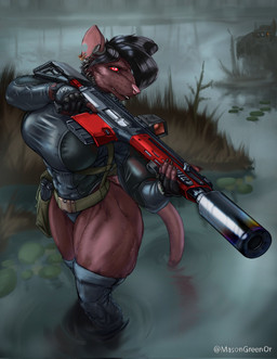 anthro barret_srss big_breasts breasts clothing detailed_background female gun legwear muscular muscular_female ranged_weapon solo swamp tactical_gear thick_thighs thigh_highs weapon wetsuit masongreen barrett titi_(titiratthing) mammal murid murine rat rodent hi_res